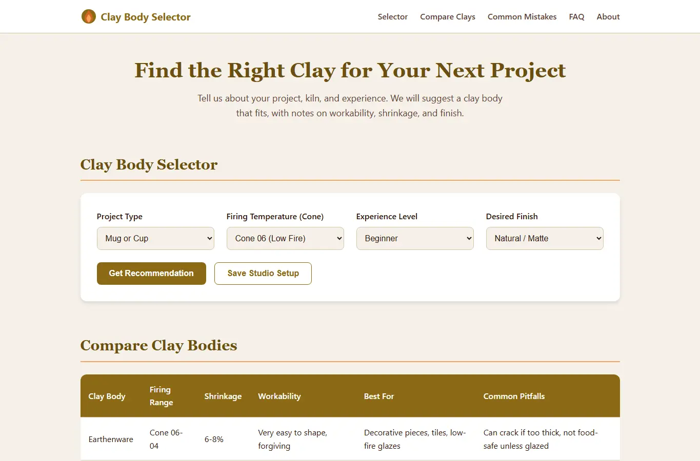 Screenshot of Clay Body Selector for Pottery Projects interface showing the project page in use
